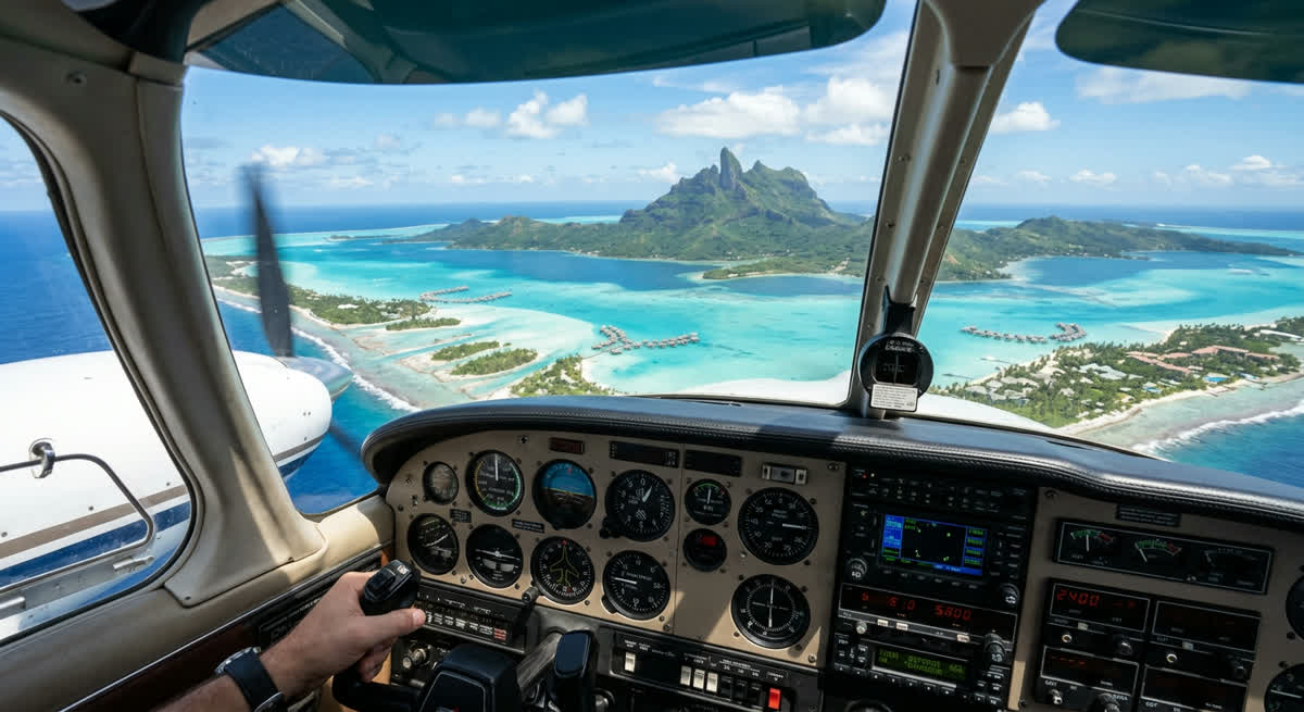 Cockpit vue Bora Bora — transport aérien Polynésie